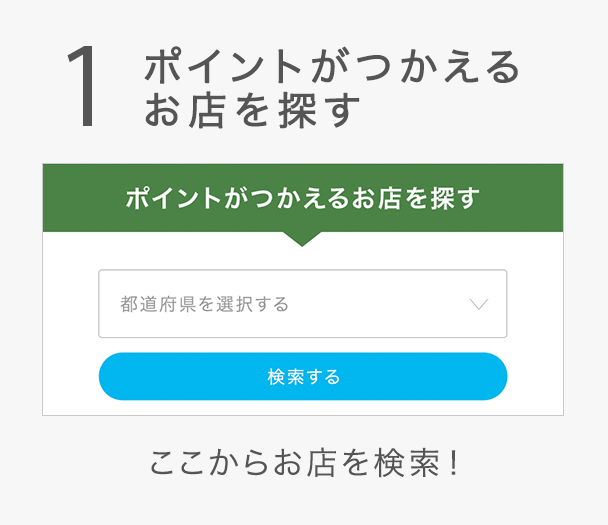 1 ポイントがつかえるお店を探す ここからお店を検索！